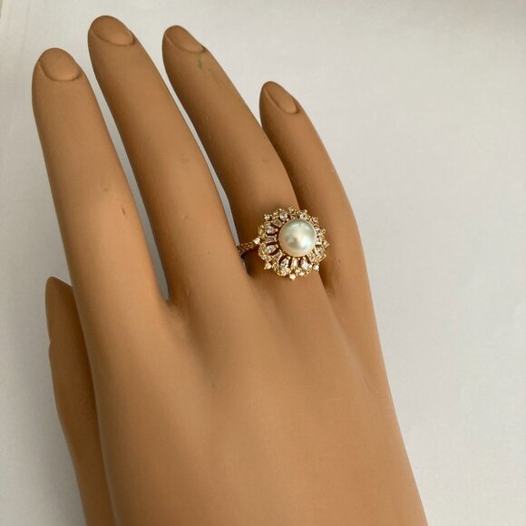Art Deco Cubic Zirconia White Pearl Cocktail Ring Yellow Gold Plated Size 7 8 9 - Picture 4 of 16